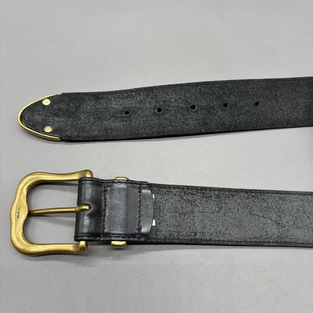 Vintage Fossil Y2K Black Full Grain Leather Belt Solid Brass Buckle Wmns Small